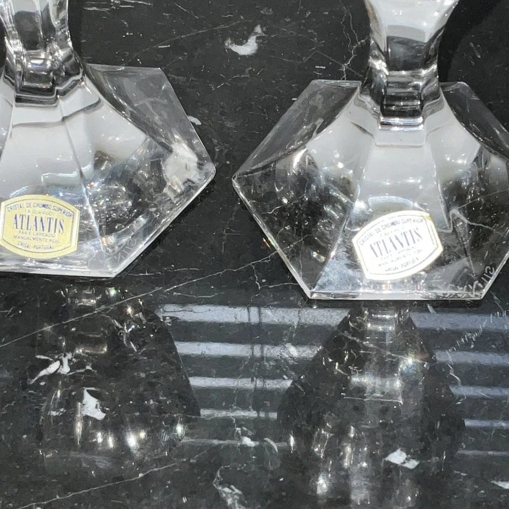 Atlantis Crystal Short Candle Sticks Made In Portugal Signed‎ Weddings Halloween
